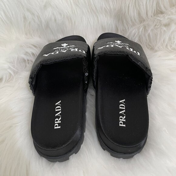 Prada Black Sequin White Logo Slide Sandal - Picture 10 of 12
